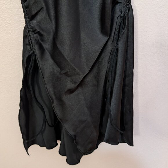 Black Satin Lace Mini Nightgown Ruched Sides Single Strap Chemise - Picture 3 of 11